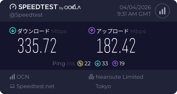 ルーマプラザ Wi-Fi速度計測 チェックイン後 下り335Mbps